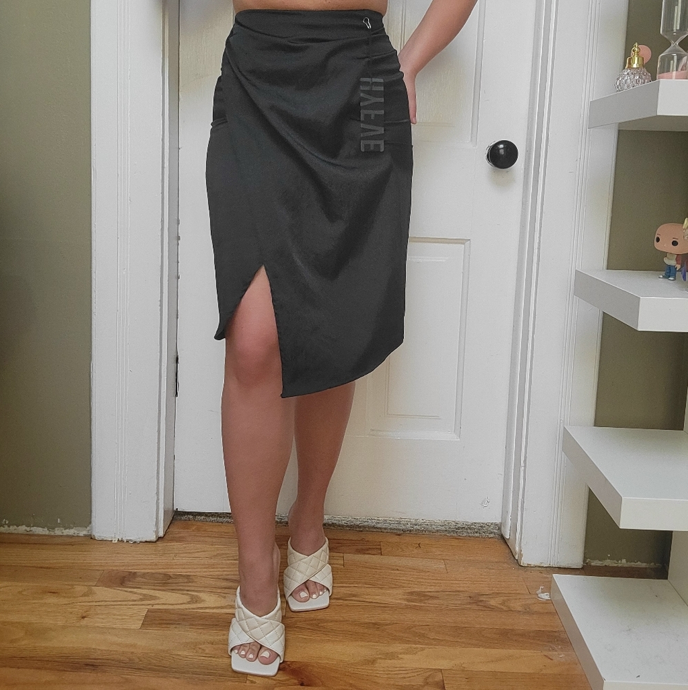 Black silk slip skirt with slit